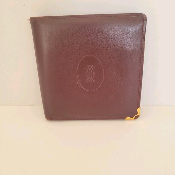 Must De Cartier Men's Bifold Leather Bordeaux Red Wallet Medium Retro Card Bill - Picture 1 of 11